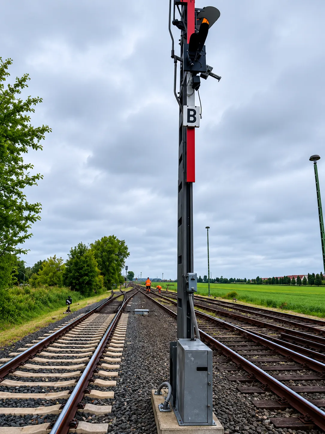 Lichtsignal mit Mastschild „B" an einer Streckenweiche